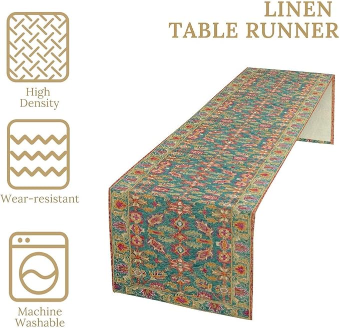 Vintage Boho Floral Table Runner, Rustic Country Farmhouse Teal Red Purple Flower Pattern for Home Kitchen Table Decor Dining Coffee Room Party Decor 13x90in