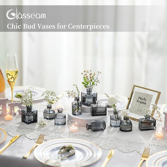 Glasseam Bud Flower Vases in Bulk: 40 Glass Cute Small Vases for Centerpieces Vintage Mini Wedding Birthday Party Table Centerpieces Tiny Baby Shower Dining Room Decoration Black Grey