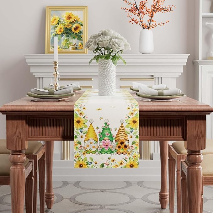 XCHI Yellow White Daisies Flowers Gnomes Spring Table Runner Burlap Table Decoration for Summer Seasonal Home Kitchen Dining Dinner Indoor Holiday Farmhouse Decor 13x90 Inch