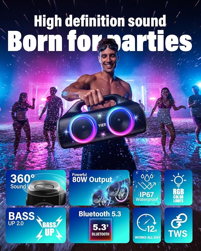 Speakers, 80w (Peak) Portable Wireless Speaker with Lights, Stereo Loud Sound, IP67 Waterproof, Deep Bass Outdoor Speakers Bluetooth 5.0 Dual Pairing for Home Party Beach Camping, Gifts