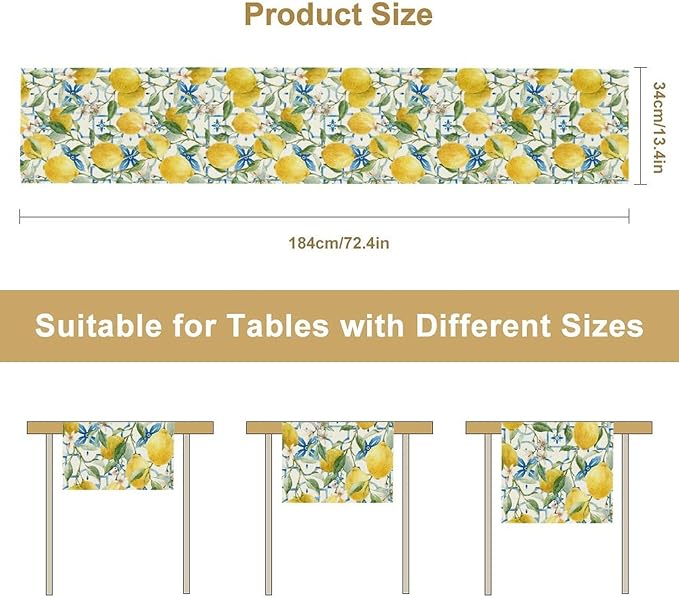 Lemon Table Runner,Watercolor Fruit Green Leaves Spring Summer Table Cloth Kitchen Dining Table Home Party Decoration 13x60 Inch