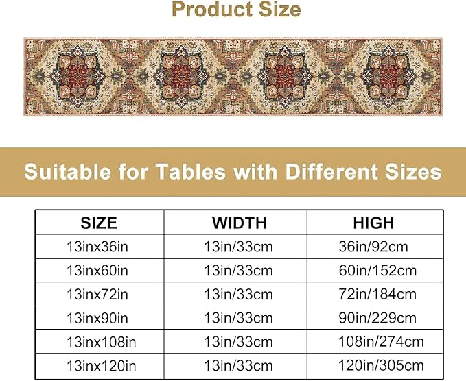 Boho Bohemia Style Table Runner, Vintage Yellow Brown Retro Flower Rustic Country Style Floral Print Pattern for Home Kitchen Table Decor Dining Coffee Room Garden Party Decor 13x72in