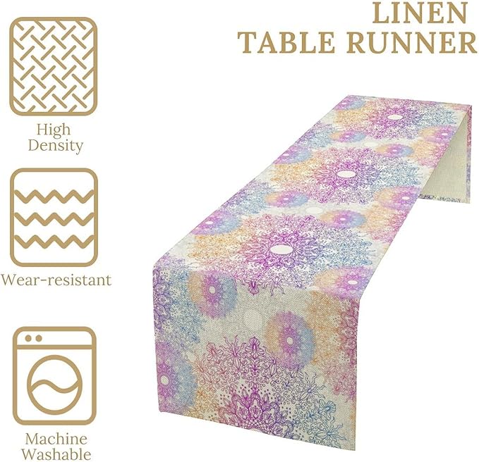 Oriental Mandala Table Runner, Traditional Bohemian Gradiently Purple Pink Blue Mandala Flower Table Runner for Farmhouse Cottage Kitchen Dining Table Decor, 13x120inch
