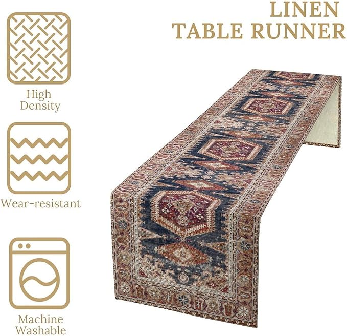 Vintage Boho Table Runner,Flower Geometric Design Rustic Farmhouse Table Runner for Home Farmhouse Kitchen Table Dining Coffee Room Garden Party Wedding Decor 13x36in