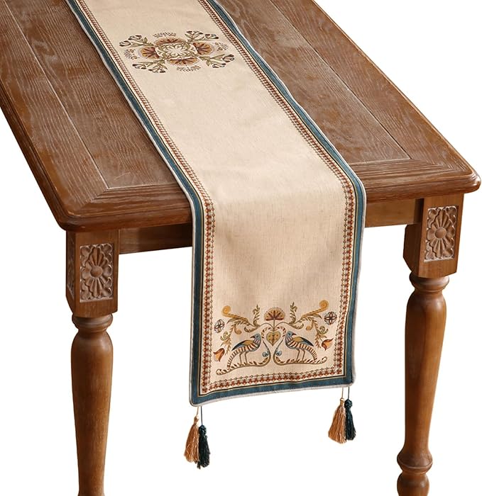 patdrea Designer Beige Farmhouse Geometric Patterned Linen Table Runner 71 Inch Long,Wrinkle Resistant Table Mat,Decoration for Kitchen Dining and Coffee Tables Banquet Christmas , 12"x71"
