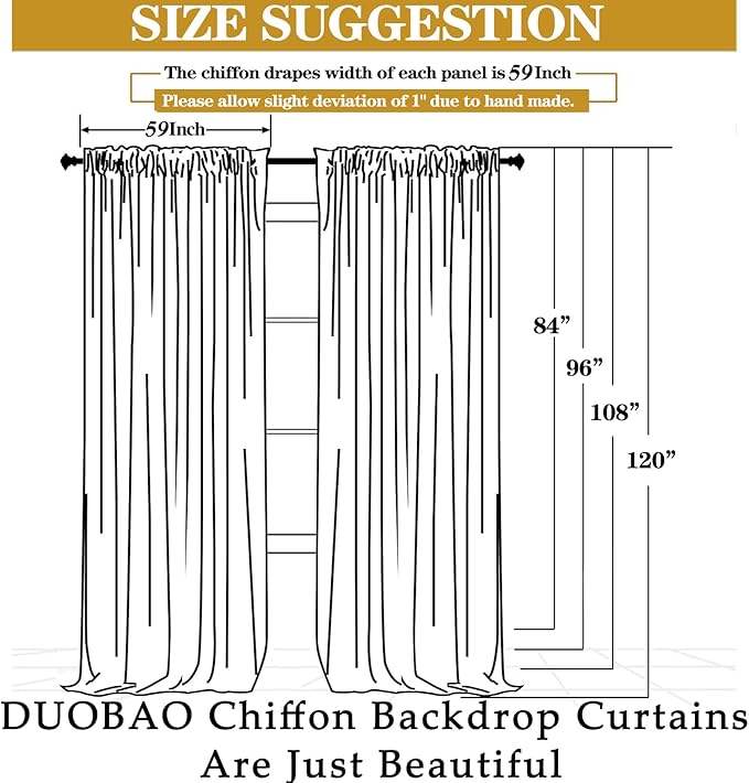 DUOBAO Light Grey Sheer Curtains 2 Panels, 10FT Long, Silver Chiffon Drape, Rod Pocket, Translucent Semi-Sheer, Living Room & Bedroom, 59W x 120L