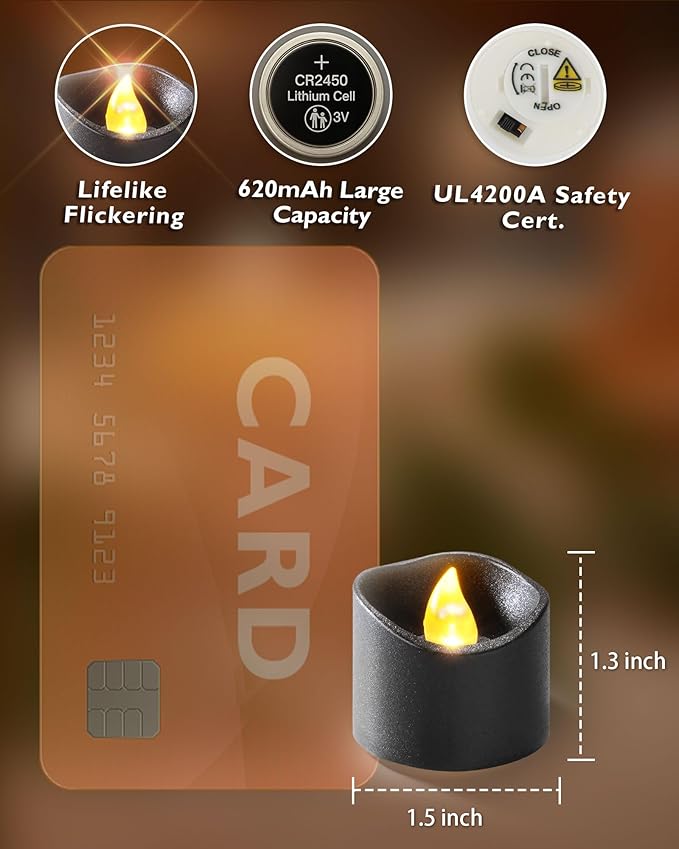 Homemory 12pcs Black Remote Timer LED Tea Lights Candles, 400+Hours Flickering Flameless Battery Votive Tealights for Tabletop Lighting, Centerpieces Decor, Holiday, Warm White Glow
