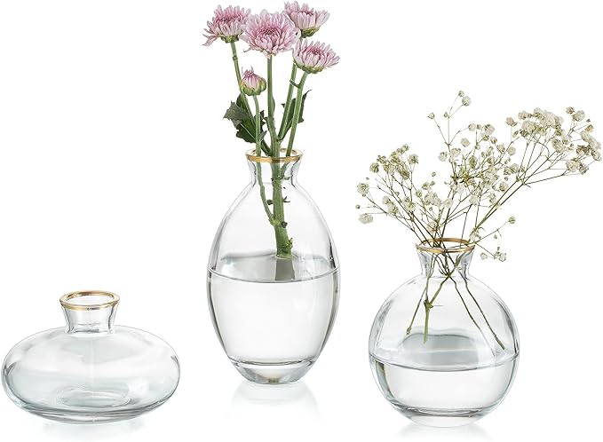 Bud Vases 3Pcs/Set Small Vases Handmade Cute Gold Rim Small Vases for Flowers Centerpieces Glass Vases Mini Vase Home Decor Centerpieces, Events Table Decor