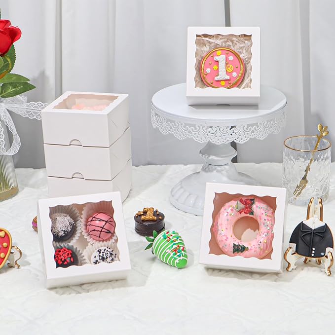 100-Pack 4X4X2 Elegant White Bakery Boxes - Treat/Cookie/Truffle Boxes for Mini Cakes, Pies & Cinnamon Rolls - Wedding Party Favor Packaging