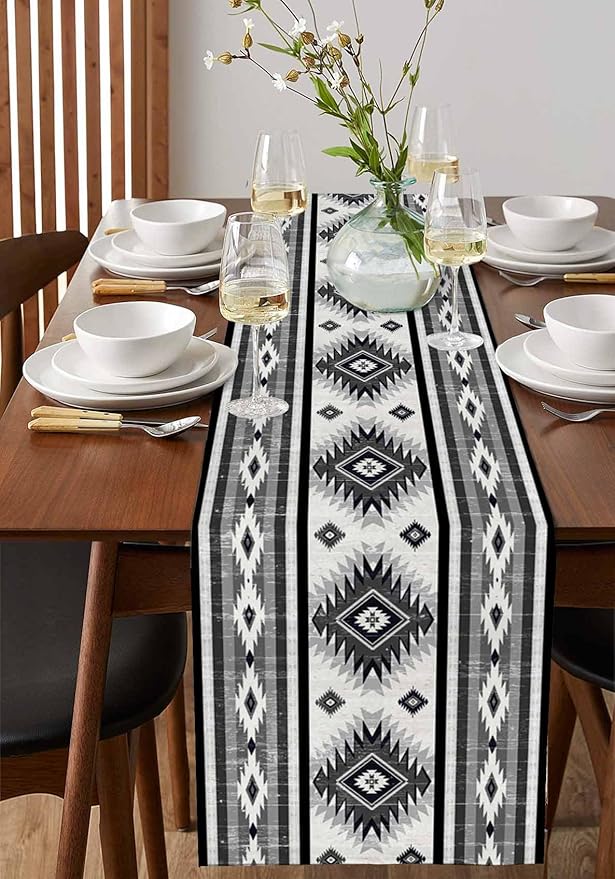 Aztec Southwest Cotton Linen Table Runner for Dining Kitchen, Wedding Outdoor Party Tablerunners Decoration, Boho Ethnic Tribes Vintage Grey Dresser Scarf Coffee Tablecloth Runners 13x120 Inches