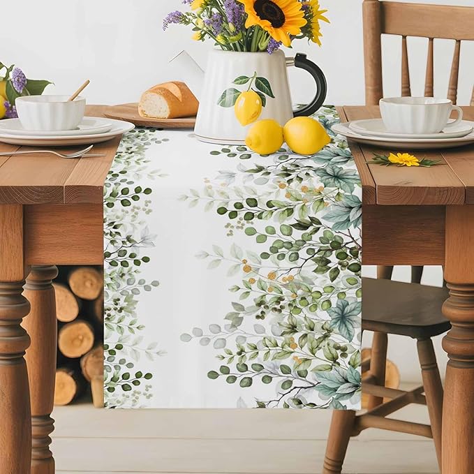 Sage Green Eucalyptus Cotton Linen Table Runner for Dining Kitchen, Farmhouse Leaves Wedding Outdoor Party Tablerunners Decoration Botanical Floral Dresser Scarf Coffee Tablecloth Runners 13x72 Inches