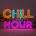 CHILL HOUR Neon Sign, Colorful LED Wall Light with “It’s Happy Hour” Quote, Aesthetic Neon Bar Sign for Bedroom, Dorm, Game Room, Home Party Décor