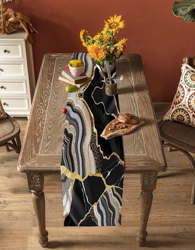 Geometric Black Marble Cotton Linen Table Runner for Dining Kitchen, Wedding Outdoor Party Tablerunners Decoration, Farm Marble Liquid Ripple Abstract Dresser Scarf Coffee Tablecloth Runners 13''x60''