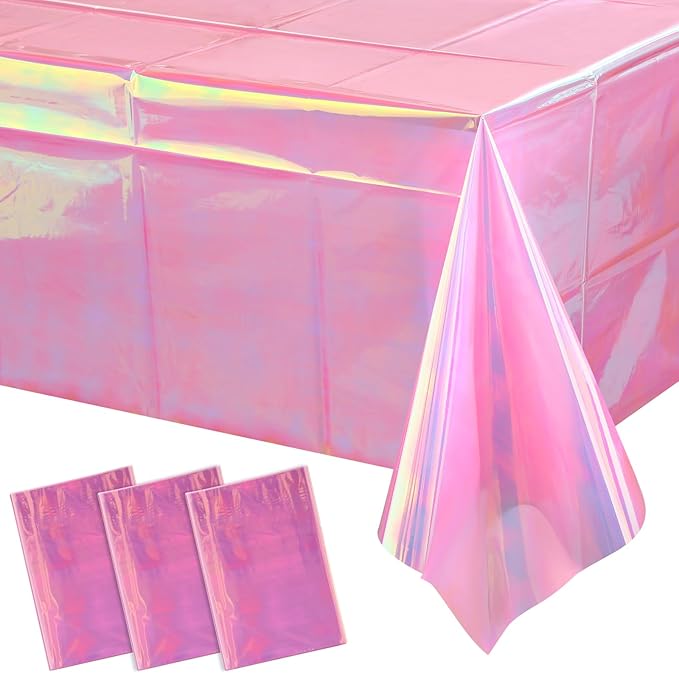 3 Pack Iridescent Plastic Tablecloth, Shiny Disposable Laser Rectangle Table Covers, Holographic Foil Tablecloth Party Decorations for Birthday Bridal Wedding Anniversary Party Supplies, 50 x 100 Inch
