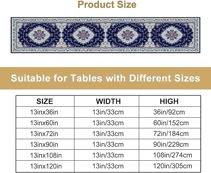 Elegant Palace Boho Blue Table Runner Vintage French Style Farmhouse Geometric Home Farmhouse Kitchen Table Dining Coffee Room Garden Party Wedding Decor 13x90in