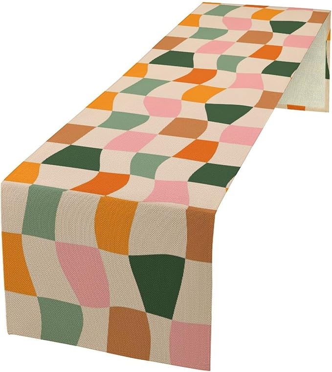 Hippie Table Runner, Vintage Geometric Square Orange Green Pink Grid 60s 70s Style Kitchen Dining Room Decor for Indoor Outdoor Wedding Party Table Runner 13x108 Inch