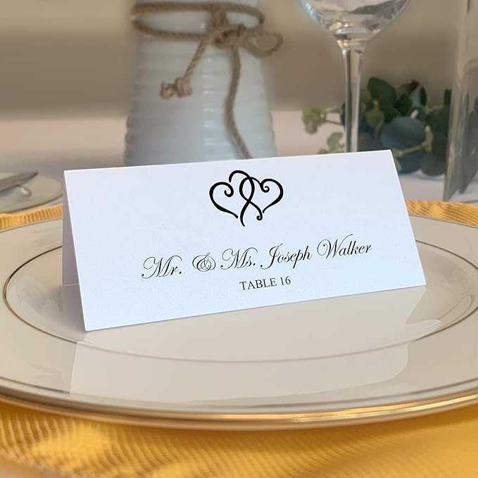 Linked Hearts Place Cards, Black (Choose Color), Set of 25, Pre-cut and Scored - Wedding, Party, Dinner, and Special Events - Made in the USA