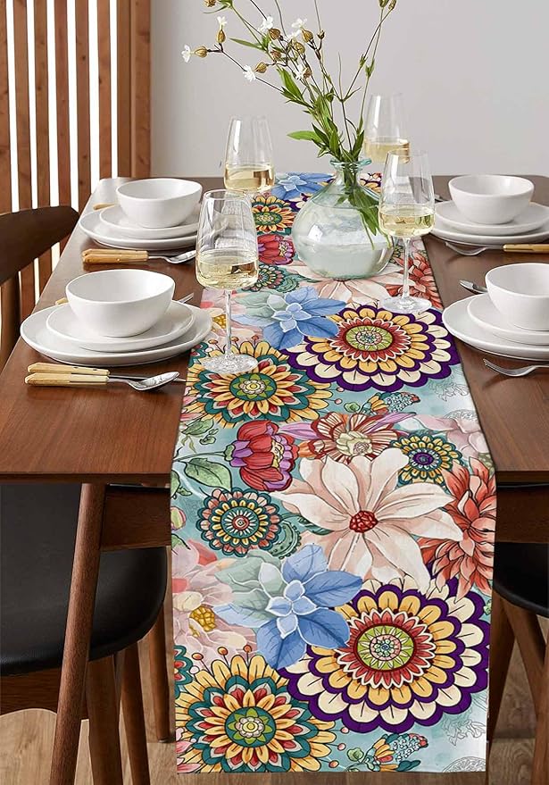 Boho Flowers Cotton Linen Table Runner for Dining Kitchen, Wedding Outdoor Party Tablerunners Decoration, Colorful Floral Farm Vintage Botanical Dresser Scarf Coffee Tablecloth Runners 13x108 Inches
