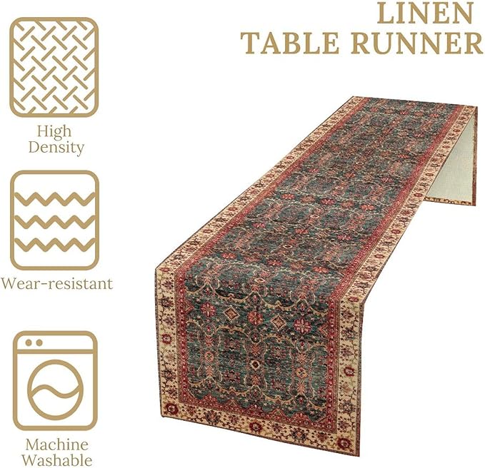 Vintage Boho Floral Table Runner, Rustic Country Farmhouse Red Teal Retro Flower Pattern for Home Kitchen Table Decor Dining Coffee Room Party Decor 13x36in