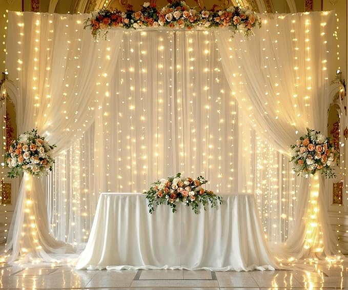 Champagne Tulle Photo Backdrop Curtain with Lights String for Parties Wedding Bridal Shower Sheer Champagne Curtain Backdrop for Birthday Party Baby Shower Photo Booth Photography 20ft x 10ft