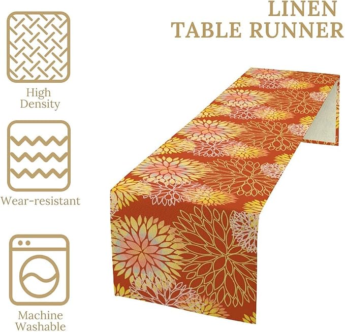 Yellow Floral Table Runner, Chrysanthemum Autumn Spring Summer Vintage Modern Linen Geometric Table Runner for Kitchen Living Room Bedroom Party Holiday, 13x60 Inch