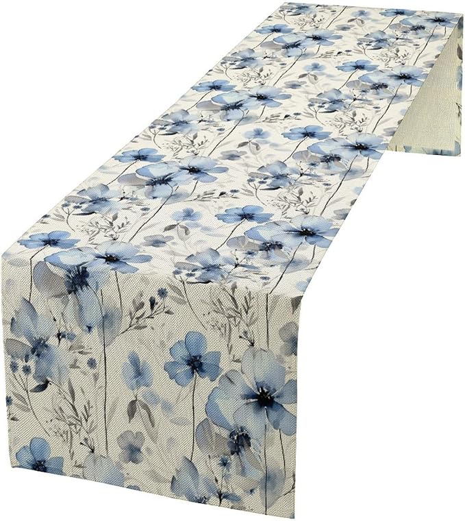 Watercolor Floral Table Runner, Blue Poppy Flower Seasonal Spring Summer Table Runner for Kitchen Dinning Table Runner Decor Home Wedding Party Holiday, 13x120 Inch