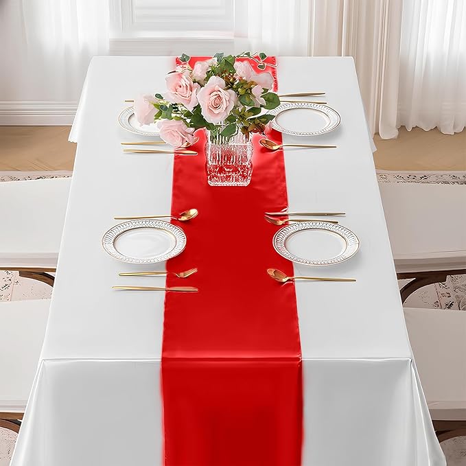 SHEJIZE 2 Pack Satin Red Table Runner 12x108 Inches Long, Bright Silky Smooth Satin Table Runner Table Decor for Wedding Banquet Christmas Prom Event Birthday Party