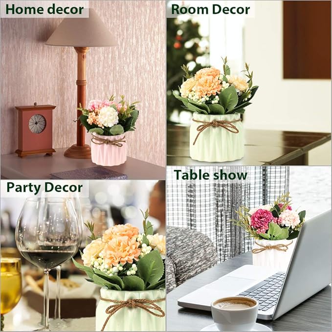 Artificial Hydrangea Bouquet with Small Ceramic Vase Fake Silk Variety Flower Balls Flowers Decoration for Table Home Party Office Wedding (Blue)