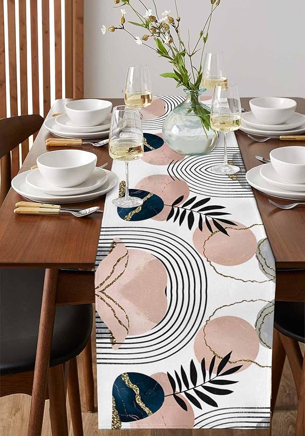 Modern Boho Cotton Linen Table Runner for Dining Kitchen, Wedding Outdoor Party Tablerunners Decoration, Abstract Bohemian Tropical Palm Leaf Dresser Scarf Coffee Tablecloth Runners 13x48 Inches