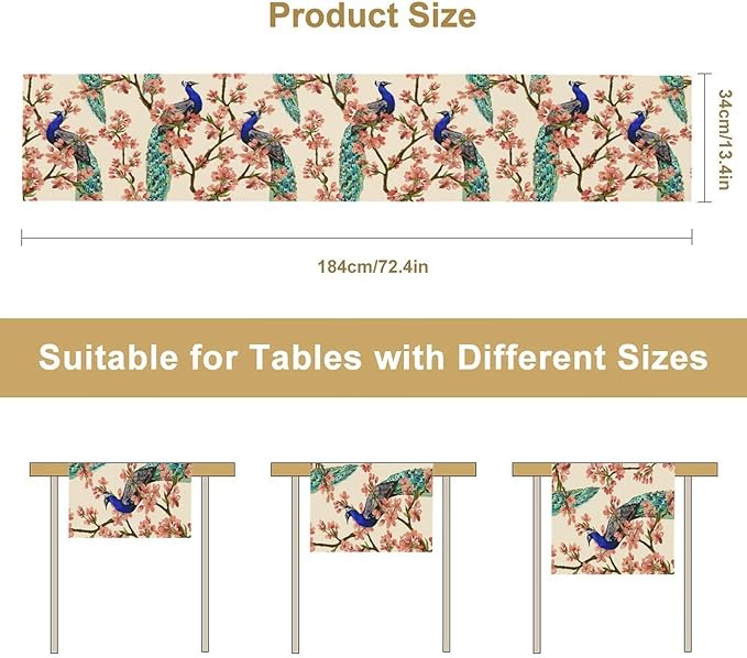 Peacock Table Runner,Spring Floral Peacock Birds Table Runner for Home Kitchen Dining Party Indoor Outdoor Decoration 13x90 Inch