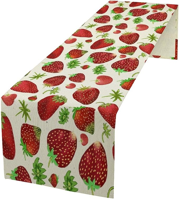 Strawberry Table Runner Spring Summer Fruit Wild Berry Forest Garden Dinner Runner for Girl Baby Shower Party Holiday Home Kitchen Dining Table Decor 13x90
