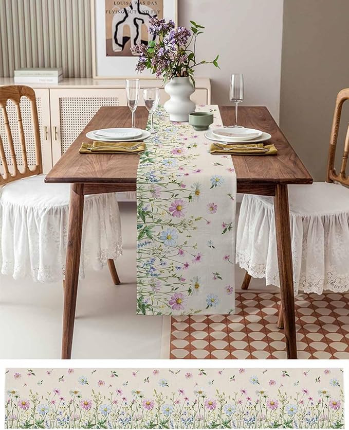 Vintage Wildflowers Cotton Linen Table Runner for Dining Kitchen, Wedding Outdoor Party Tablerunners Decoration, Farm Floral Pink Botanical Plants Dresser Scarf Coffee Tablecloth Runners 13x36 Inches