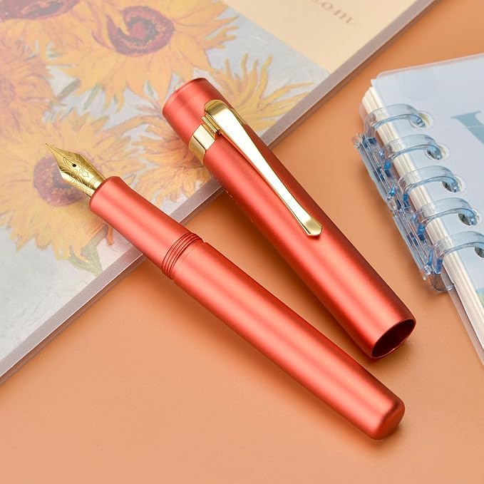 Hongdian M2 Black Forest Mini Fountain Pen, Long Blade Nib & Sleek Shape Aluminium Short Pocket Travel Pen (Orange Red)