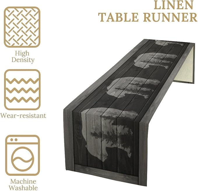 Rustic Country Bear Table Runner, Black Wood Wooden Cabin Wild Animals Hunting Table Cloth for Home Kitchen Dining Table Runner 13x108 Inch