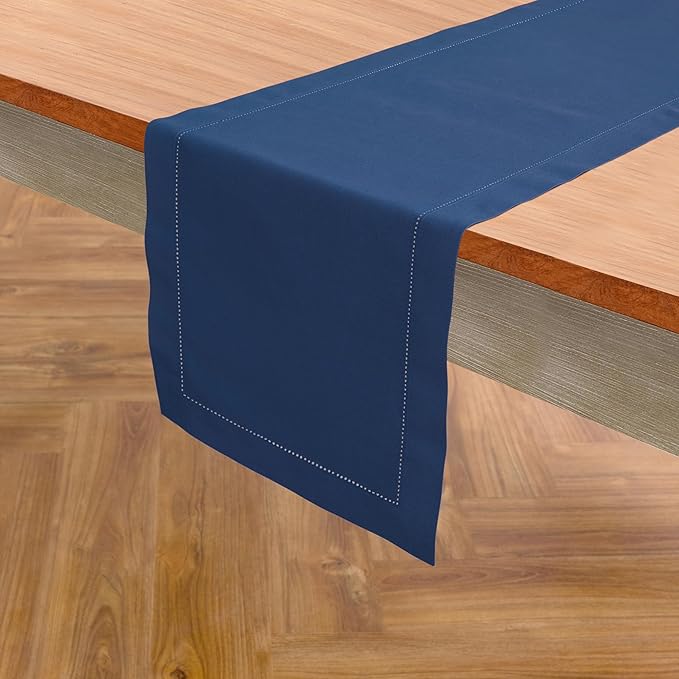 Solino Home Cotton Linen Table Runner 60 Inches - Lapis Blue Hemstitch Table Runner 14 x 60 Inch Ideal for Dresser and Coffee Tables - Fall, Autumn, Halloween