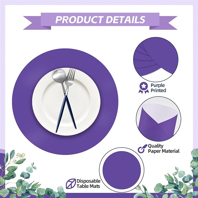 50 Pieces Purple Paper Place Mats Round Disposable Table Mats Purple Paper Doilies Decorative Placemats for Wedding Banquet Party Home Dining Tableware Decor