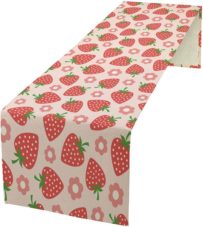 Strawberry Table Runner Spring Summer Fruit Pink Berry Forest Garden Dinner Runner for Girl Baby Shower Party Holiday Home Kitchen Dining Table Decor 13x90
