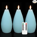 Silverstro Ocean Flameless Candles Remote Irregular Polygon Ribbed Design Real Wax Flicker Battery Operated Candles for Home Party Wedding Thanksgiving Christmas Nautical Decor - Set of 3(Blue)