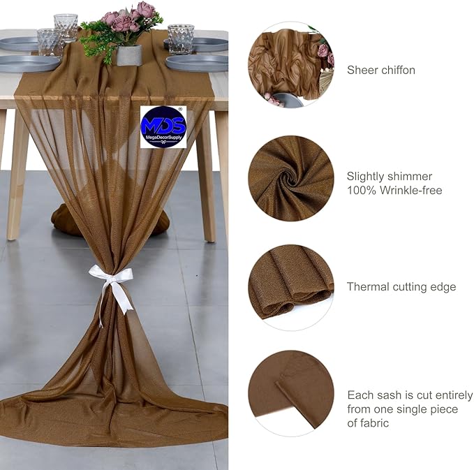 MDS 5 Pack 10ft Chiffon Table Runner 29 x 120 Inches Sheer Wedding Runner Romantic Rustic Table Runner for Wedding Decorations, Birthday Parties, Bridal Shower Party Arch Decor - Mocha