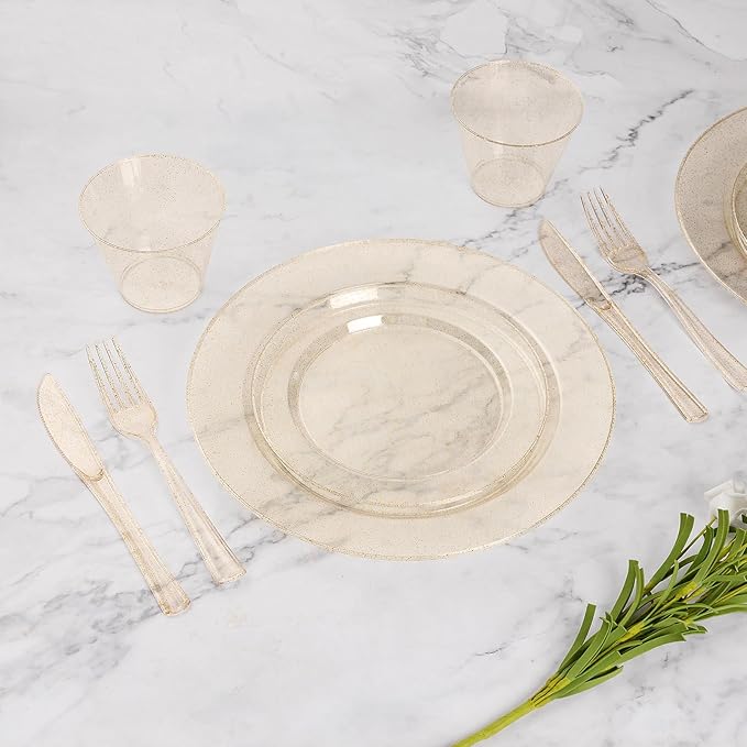 Goodluck 350 Piece Gold Glitter Plastic Dinnerware Set for 50 Guests, Disposable Plates for Party, Include: 50 Dinner Plates, 50 Dessert Plates, 50 Rolled Napkins with Silverware, 50 Cups