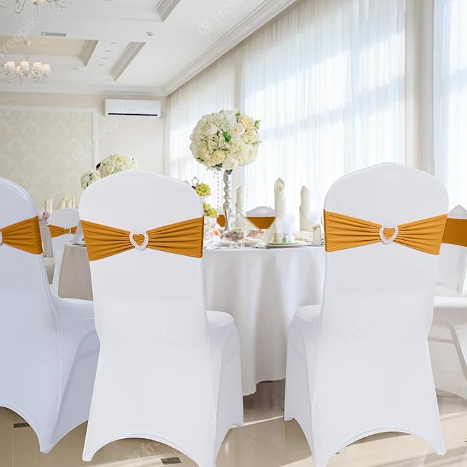 Howhic Pack of 30 Spandex Chair Sashes Bows Stretch Chair Cover Band with Buckle Slider Universal Elastic Chair Ties for Wedding Banquet Party Event Decoration (Gold)