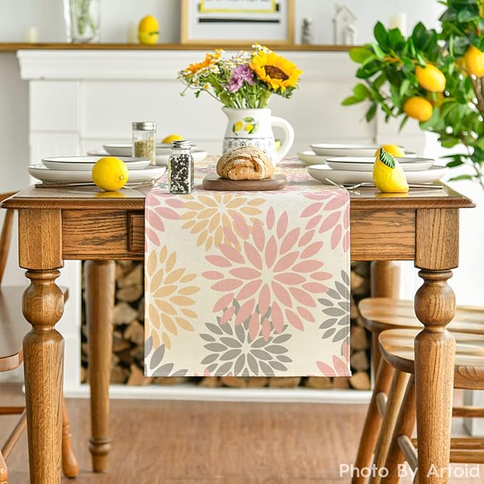 Artoid Mode Pink Dahlia Floral Pinnata Summer Table Runner, Spring Kitchen Dining Table Decoration for Home Party Decor 13x72 Inch