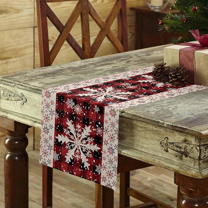 Buffalo Plaid Christmas Cotton Linen Table Runner for Dining Kitchen, Snowflake Red Black Check Wedding Outdoor Party Tablerunner Decoration,Retro Dresser Scarf Coffee Tablecloth Runners 13x108 Inches