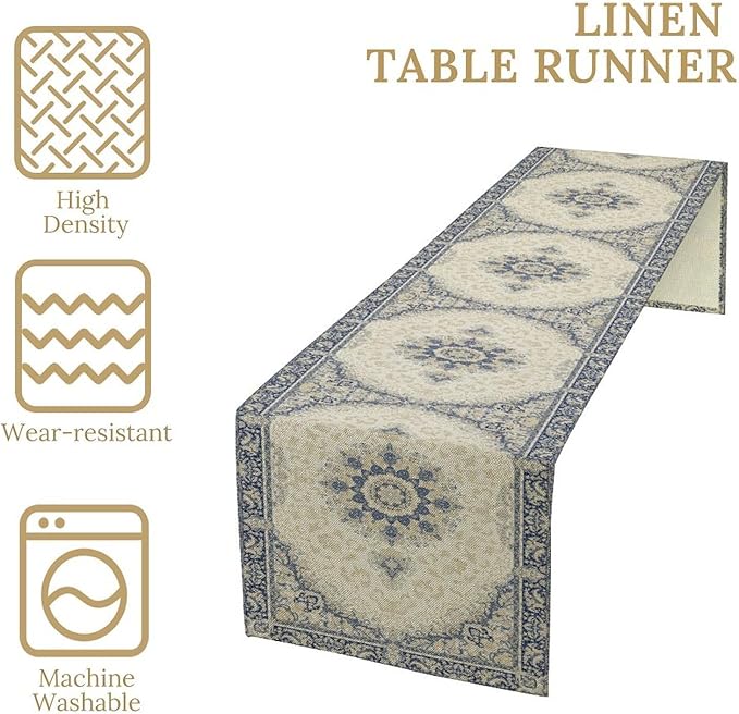 Boho Bohemia Style Table Runner, Vintage Blue Gold Retro Flower Rustic Country Style Floral Print Pattern for Home Kitchen Table Decor Dining Coffee Room Garden Party Decor 13x72in