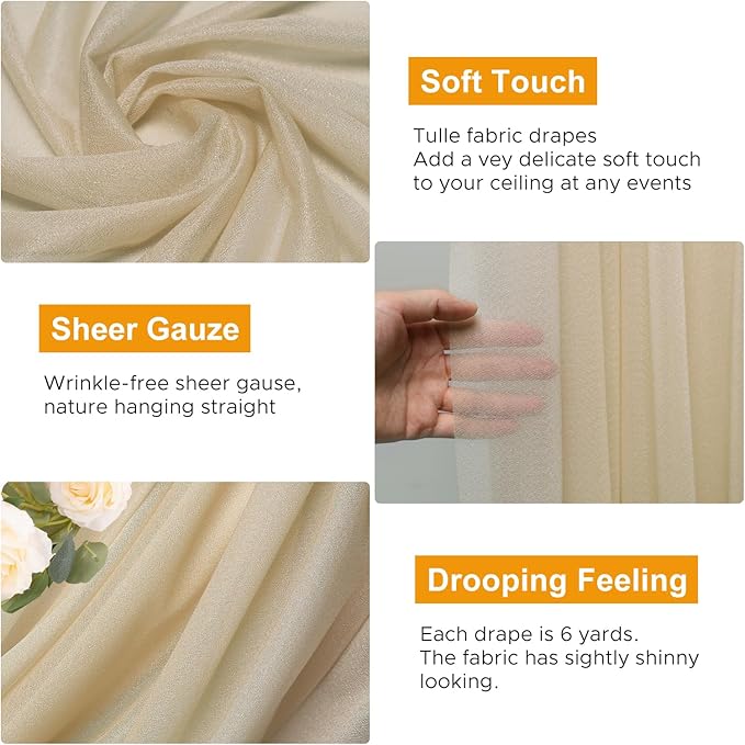Wedding Arch Draping Fabric 3 Panels 28.7" x 20FT Champagne Sheer Chiffon Backdrop Drapes for Wedding Ceremony Birthday Party Bridal Shower Outdoor Decoration
