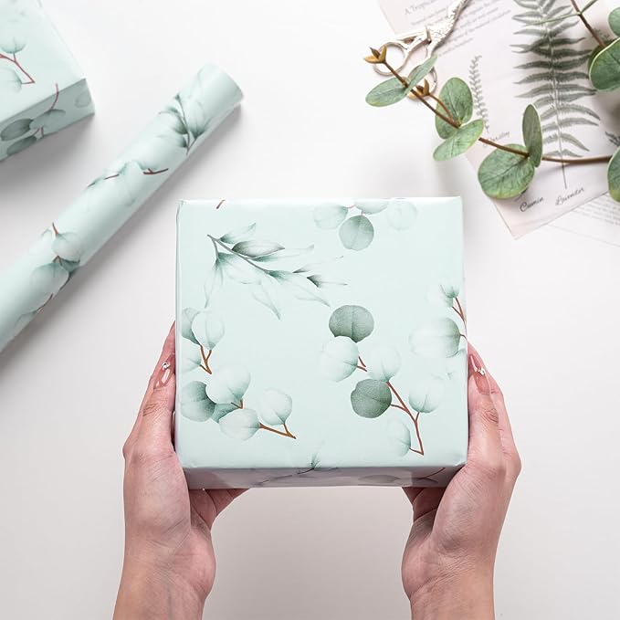 RUSPEPA Eucalyptus Leaves Wrapping Paper Roll for Women Girls, Light Green Leaf Design Gift Wrap, Greenery Wrapping Paper Perfect for Wedding, Birthday, Spring, Bridal Shower, 17 Inch x 16.4 Feet