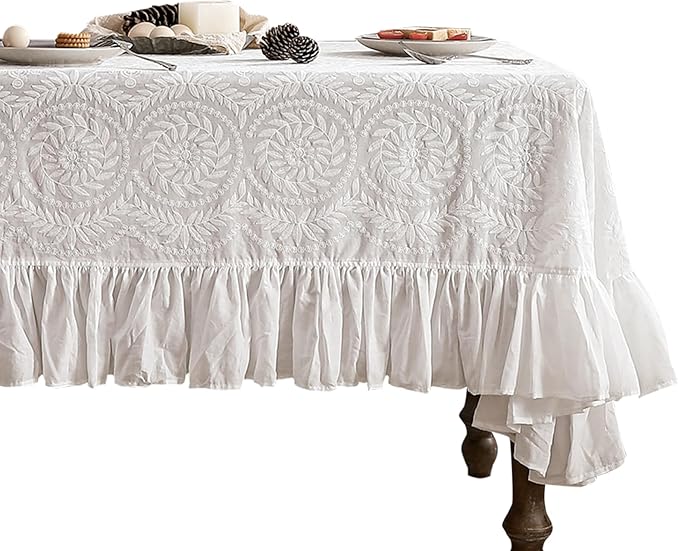 patdrea Vintage Ruffle Tablecloth for Rectangle Tables,Farmhouse Embroidered Cotton White Lace Table Cloth Cover Decor for Dining Room Wedding Banquet Thanksgiving Christmas,63"*106"