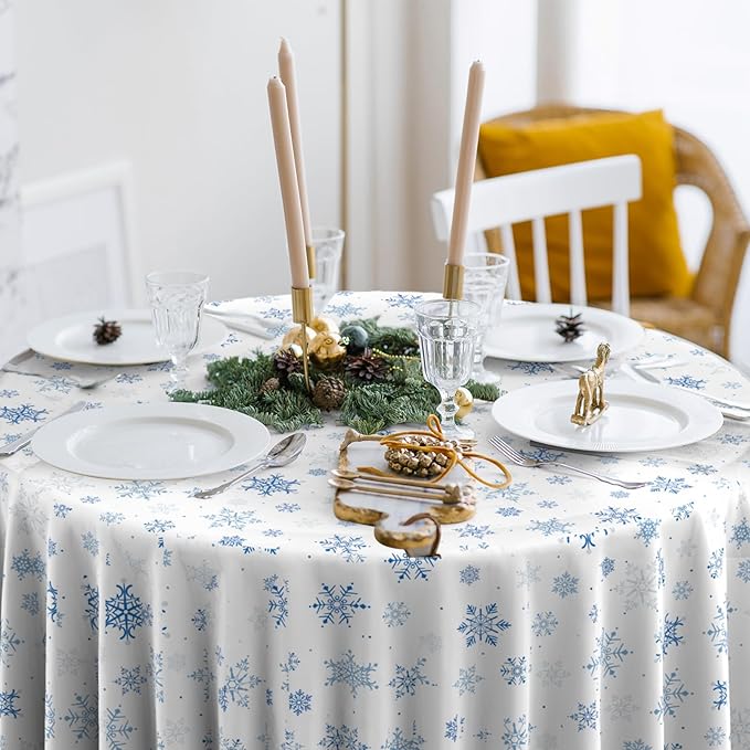 3 Pieces Christmas Snowflake Plastic Party Tablecloth Decorations,Disposable Blue Snowflake White Xmas Round Table Cover Backdrop for Winter Christmas Holiday Party Supplies,84 inch (Blue White)