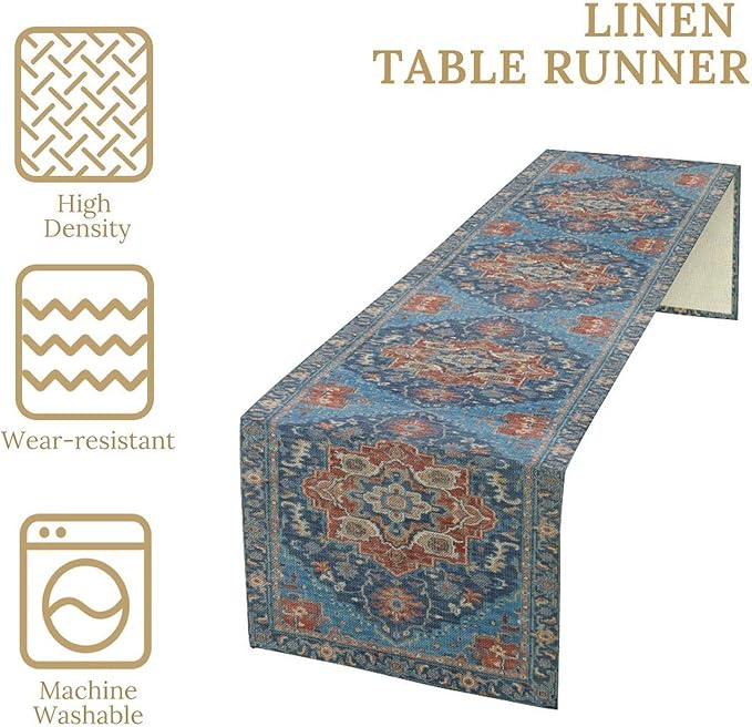 Boho Floral Vintage Table Runner, Retro Abstract Blue Flower Rustic Country Farmhouse Pattern for Home Kitchen Table Decor Dining Coffee Room Party Decor 13x36in