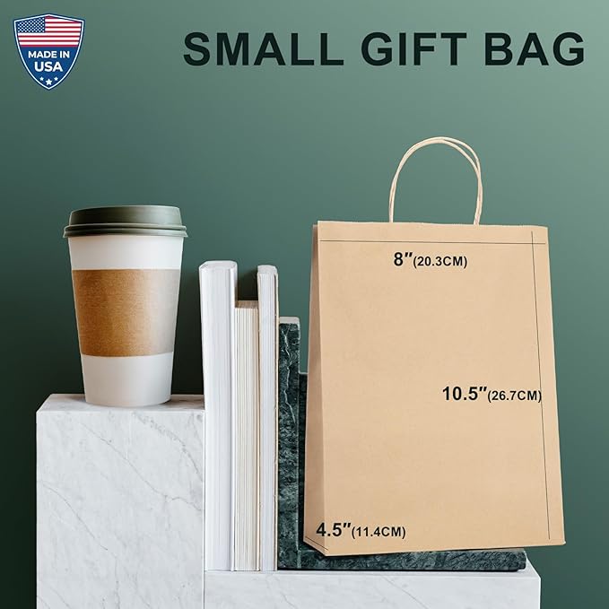 METRONIC Paper Gift Bags 8x4.25x10.5 100Pcs Brown Paper Bags with Handles Bulk, Kraft Paper Bag for Small Business, Birthday Wedding Party Favor, Christmas, Retail shopping Bag, Made in USA